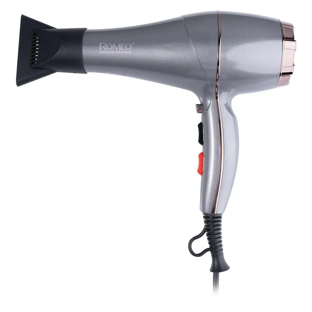 سشوار حرفه‌ای 2200 وات رومئو مدل RM-5858، موتور AC، وزن 450 گرم، المنت فلز، دارای سری متمرکز‌کننده باریک با ویژگی صاف‌کنندگی، حجم‌دهندگی، با قابلیت تنظیم دما، باد سرد