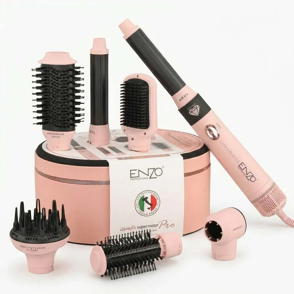 سشوار برس‌دار حالت‌دهنده انزو پروفیشینال مدل EN-4133pro با توان 1500 وات، موتور DC، فناوری تولید یون، تنظیم دما سه حالته، تنظیم سرعت دو سرعته، قابلیت باد سرد، سری قابل تعویض، کاهش وز مو، مناسب استفاده خانگی و حرفه‌ای