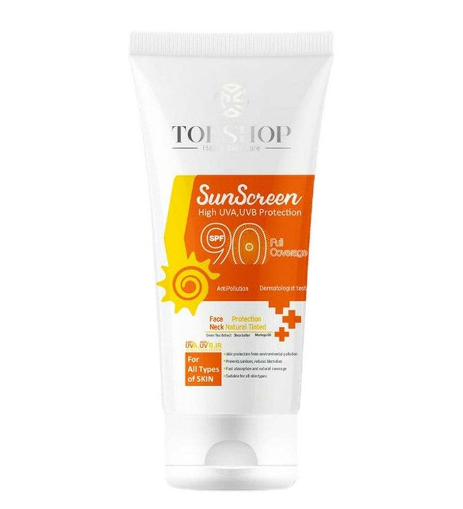 ضد آفتاب SPF90 بی رنگ مناسب برای انواع پوست حجم 50 میلی لیتر تاپ شاپ