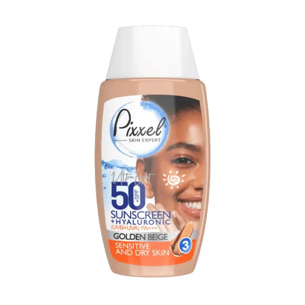 کرم ضد آفتاب بژ طلایی پیکسل مناسب پوست خشک و حساس SPF50