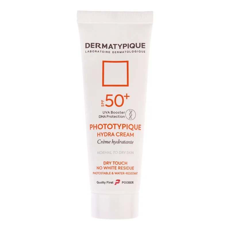فلوئید ضد آفتاب بدون رنگ درماتیپیک مدل hydra cream محافظ UVA،UVB مناسب برای پوست خشک حجم 40 میلی لیتر