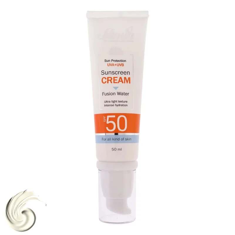 کرم ضد آفتاب بی‌رنگ دست و صورت ثمین SPF 50 مدل Fusion Water ‌محافظ UVA ، UVB مناسب برای انواع پوست حجم 50 میلی لیتر