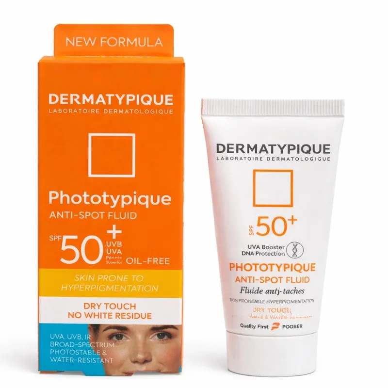 فلویید ضدآفتاب بی‌رنگ درماتیپیک SPF50 مدل Anti spot محافظ UVA/UVBمناسب برای انواع پوست حجم 40 میلی‌لیتر