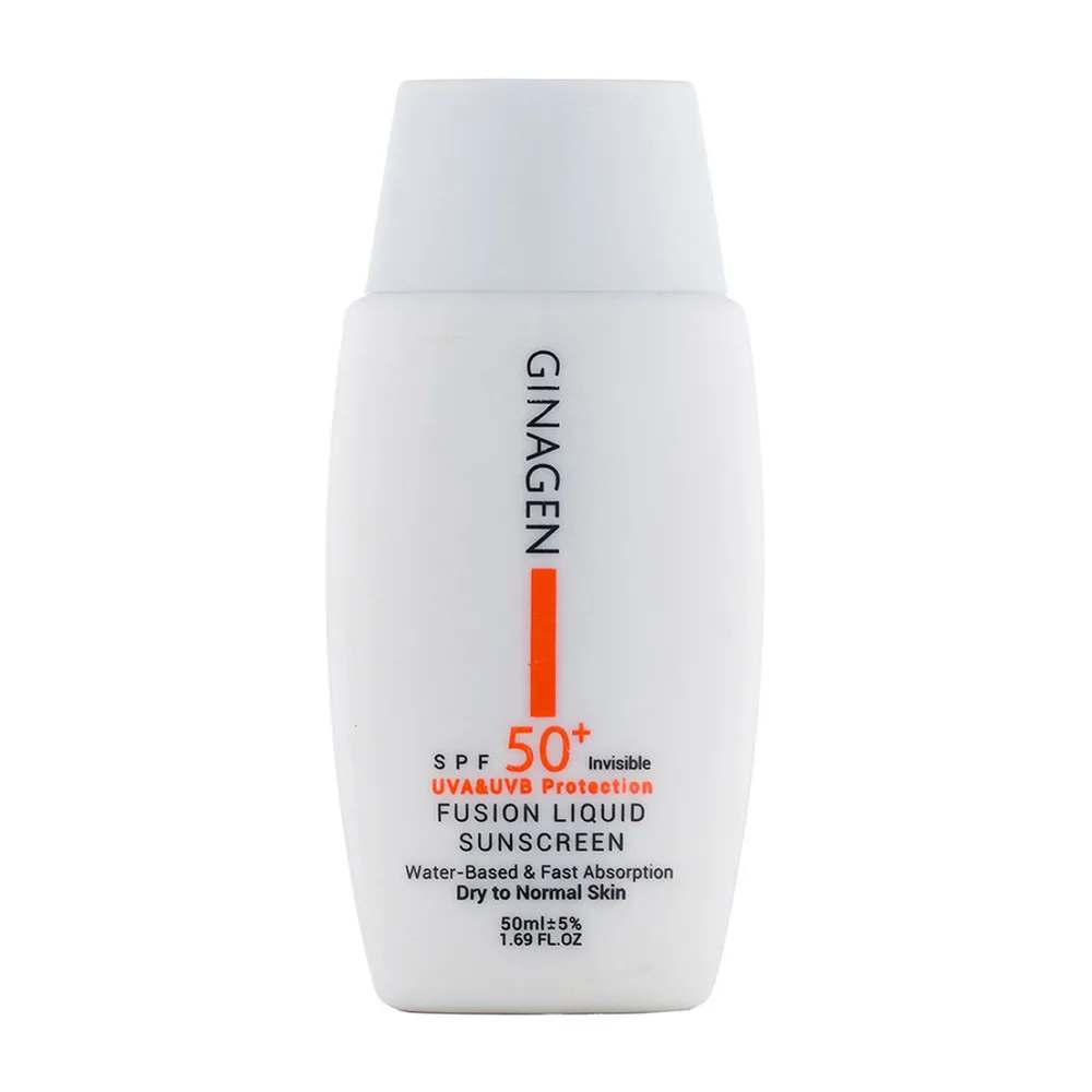 کرم ضد آفتاب بی رنگ ژیناژن با SPF50، مناسب پوست معمولی و خشک، مدل فیوژن لیکوئید، حجم 50 میلی‌لیتر