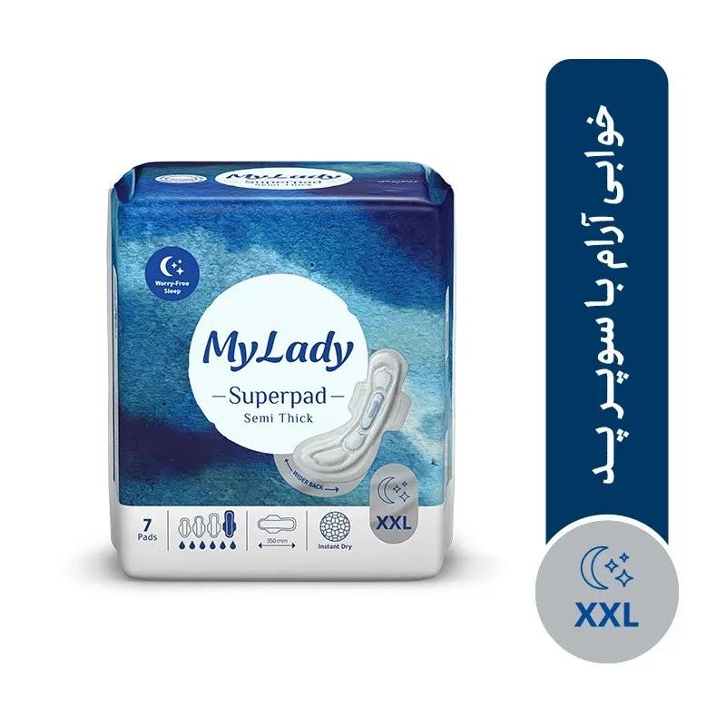 مجموعه 3 عددی نوار بهداشتی شب مای لیدی مدل سوپرپد، سایز XXL با ضخامت متوسط، لایه رویی مشبک با جذب خیلی زیاد، بسته 7 عددی، ضد حساسیت، دارای خنثی کننده بو، دارای کانال‌های محافظ جلو و عقب و پشت پهن‌تر — تصویر ۲