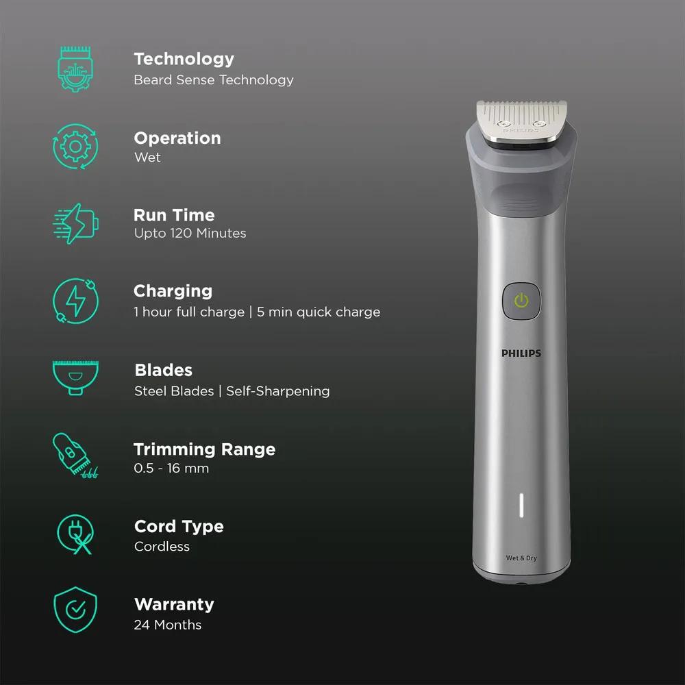 ماشین اصلاح موی سر و صورت فیلیپس مدل MG5930 با تیغه استیل خودتیزشونده، ضد آب، باتری قابل شارژ با 120 دقیقه زمان استفاده، تکنولوژی تنظیم سرعت هوشمند، سری اصلاح بدن و موزن گوش و بینی — تصویر ۳