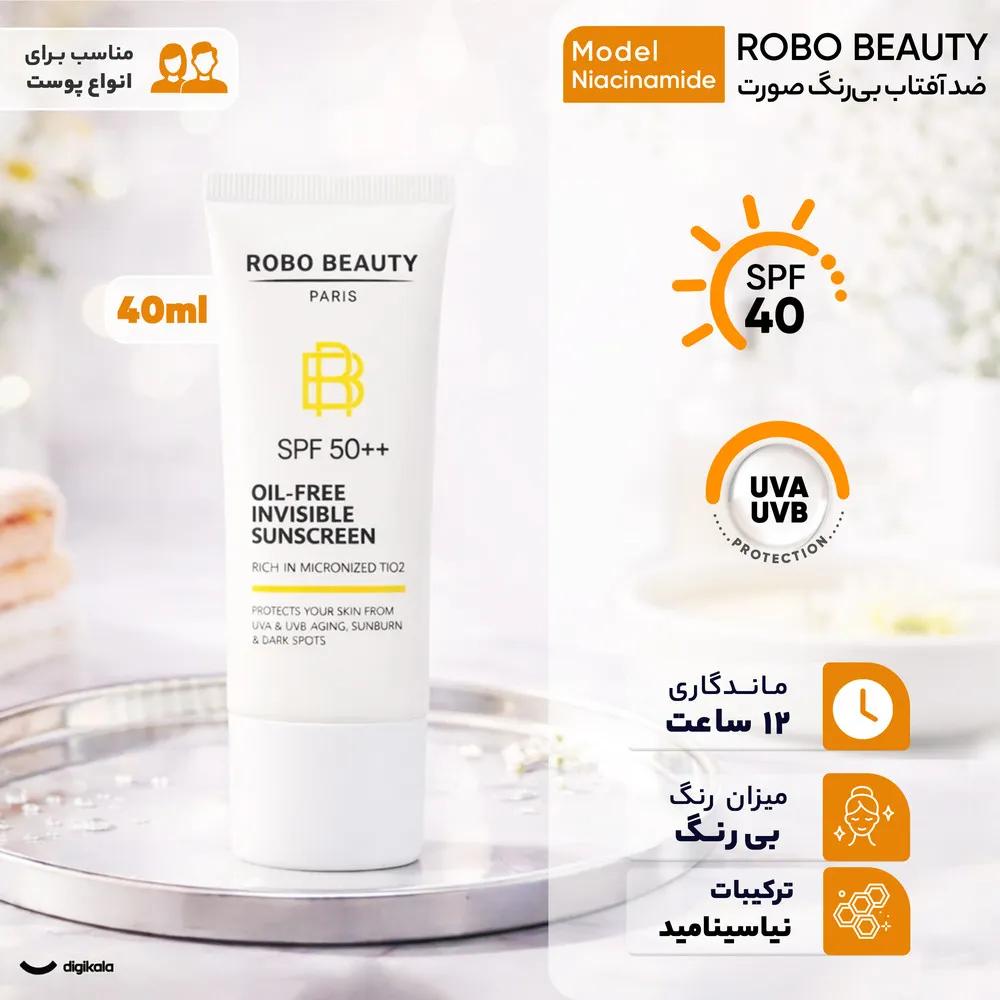 کرم ضد آفتاب بی‌رنگ صورت روبو بیوتی SPF 50 مدل Niacinamide محافظ UVA،UVB مناسب برای انواع پوست حجم 40 میلی لیتر — تصویر ۳