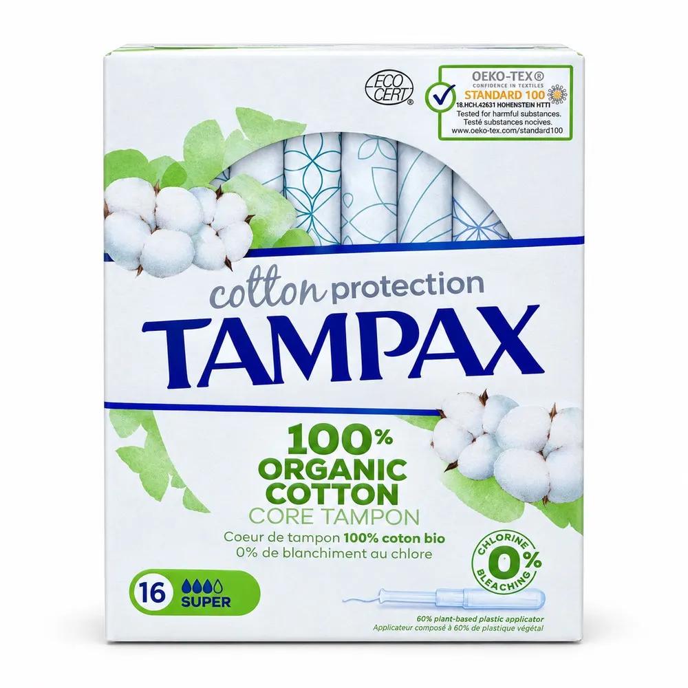 تامپون اورگانیک تامپکس مدل cotton سایز Medium با جذب زیاد و ضخامت متوسط بسته 16 عددی