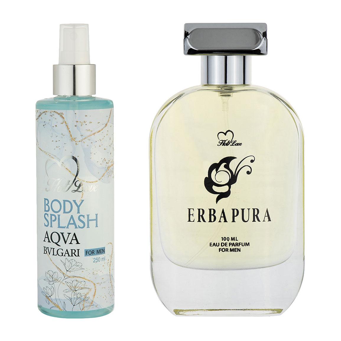 پک هدیه روز مرد 2 عددی شامل بادی اسپلش مدل Aqva Bvlgari و ادوپرفیوم مدل Erba Pura