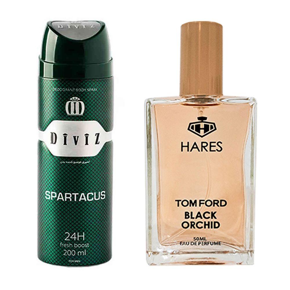 پک هدیه روز مرد 2 عددی شامل اسپری بدن مدل Spartacus و ادوپرفیوم مدل Tom Ford Black Orchid