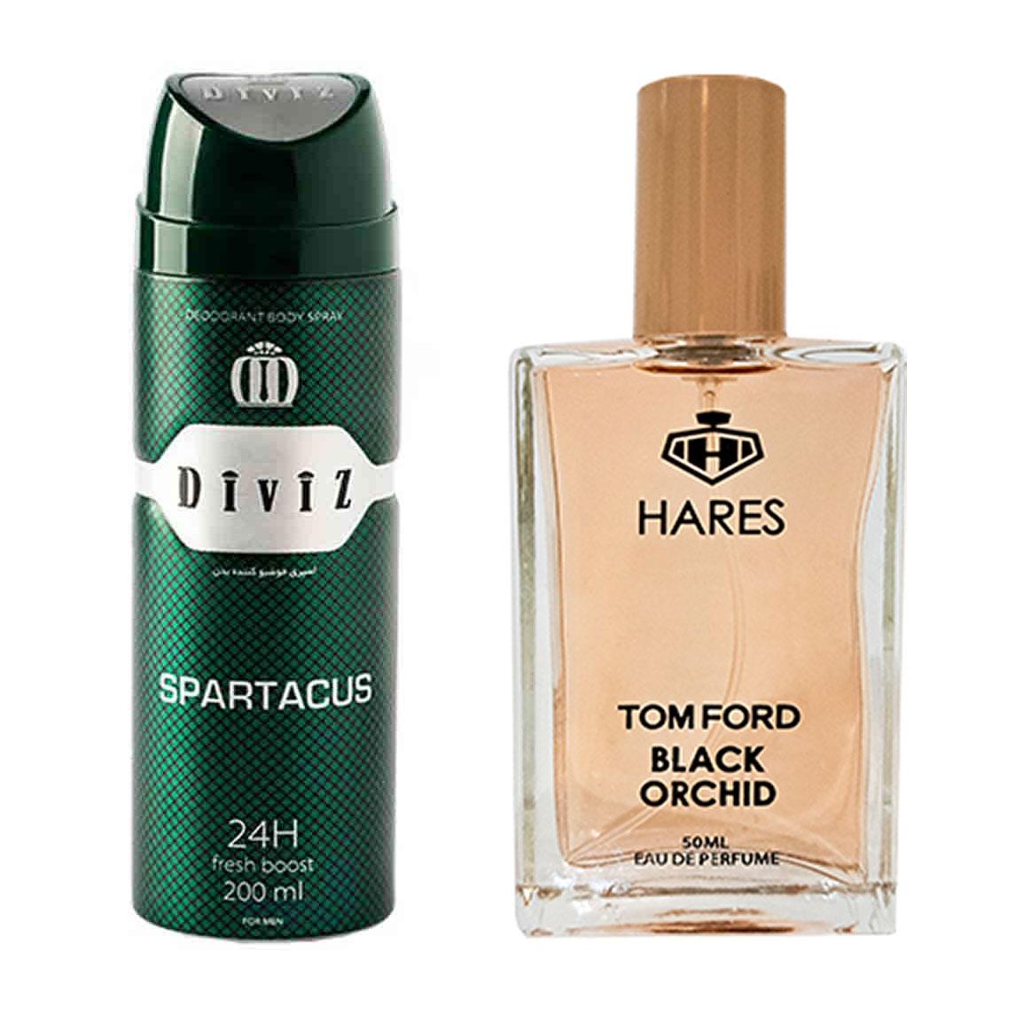 پک هدیه روز مرد 2 عددی شامل اسپری بدن مدل Spartacus و ادوپرفیوم مدل Tom Ford Black Orchid