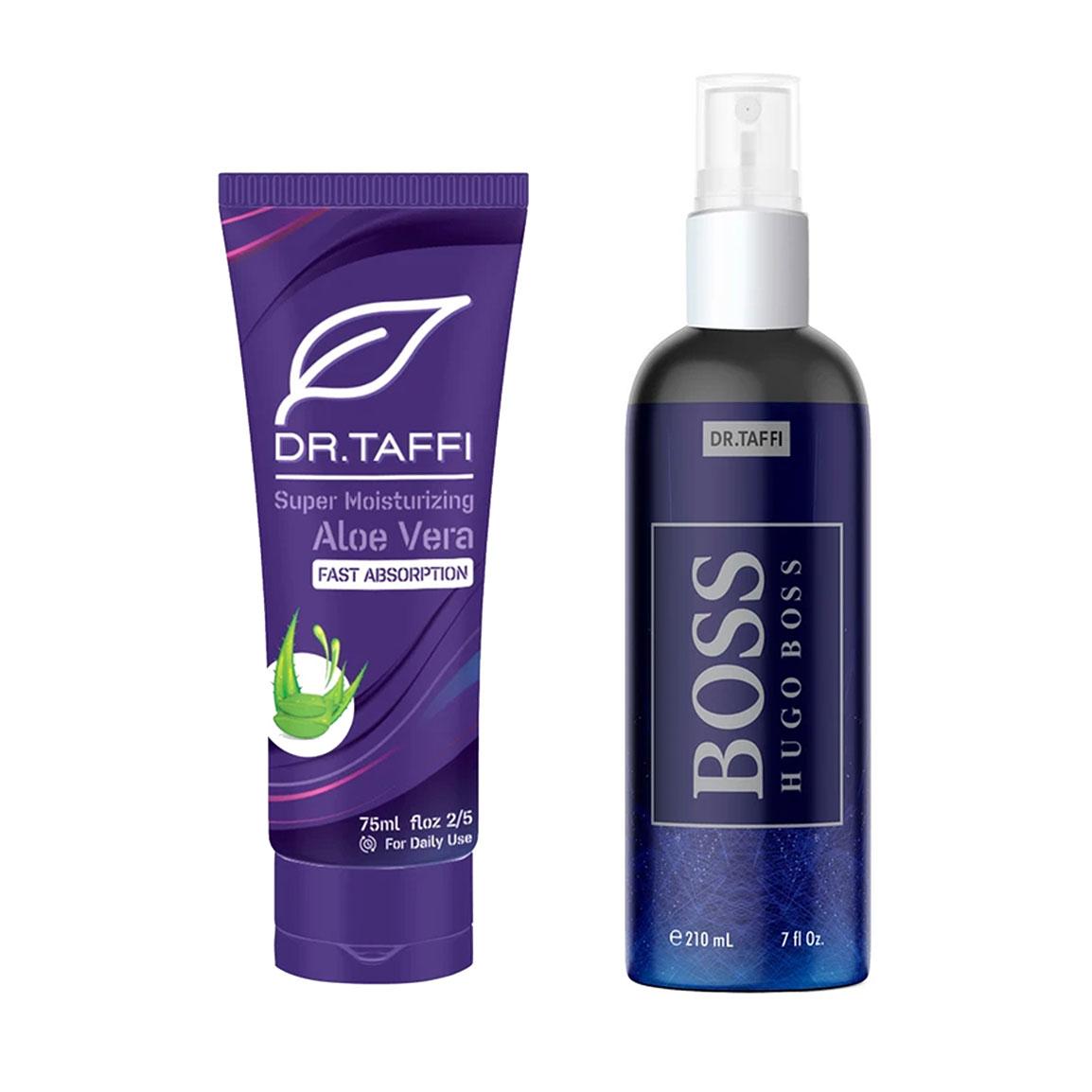 پک 2 عددی کرم آبرسان حاوی Aloevera ورا حجم 75 میلی لیتر و بادی اسپلش مردانه مدل Hugoboos مجموعه حجم 210 میلی لیتر