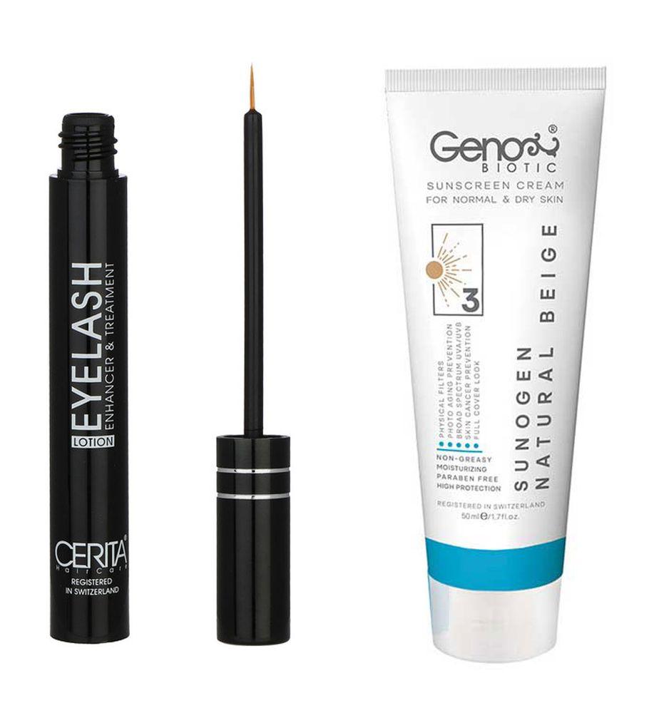 پک محلول تقویت کننده مژه سریتا و ضد آفتاب رنگی مناسب پوست خشک SPF50 رنگ بژ طبیعی — تصویر ۱