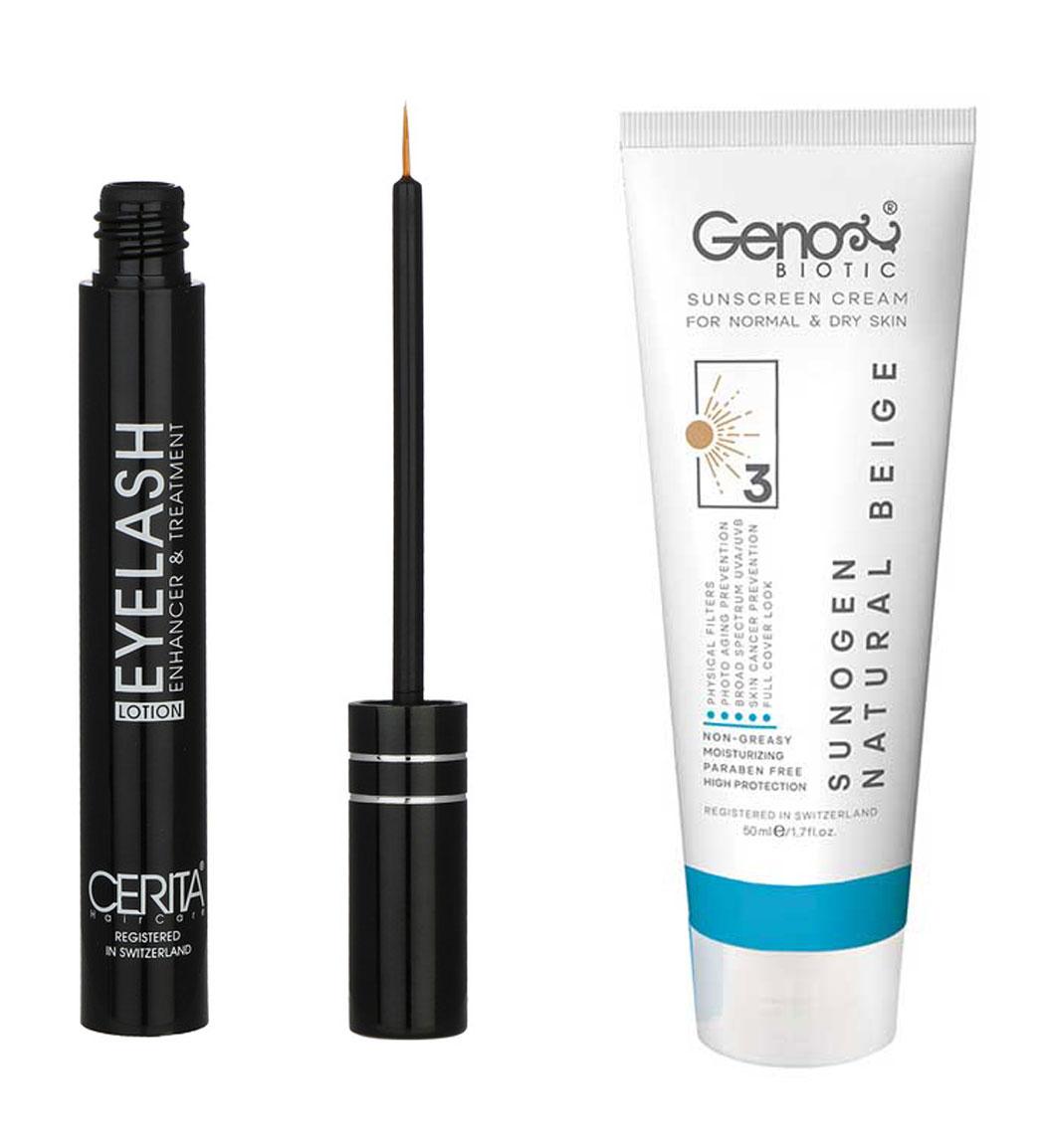پک محلول تقویت کننده مژه سریتا و ضد آفتاب رنگی مناسب پوست خشک SPF50 رنگ بژ طبیعی