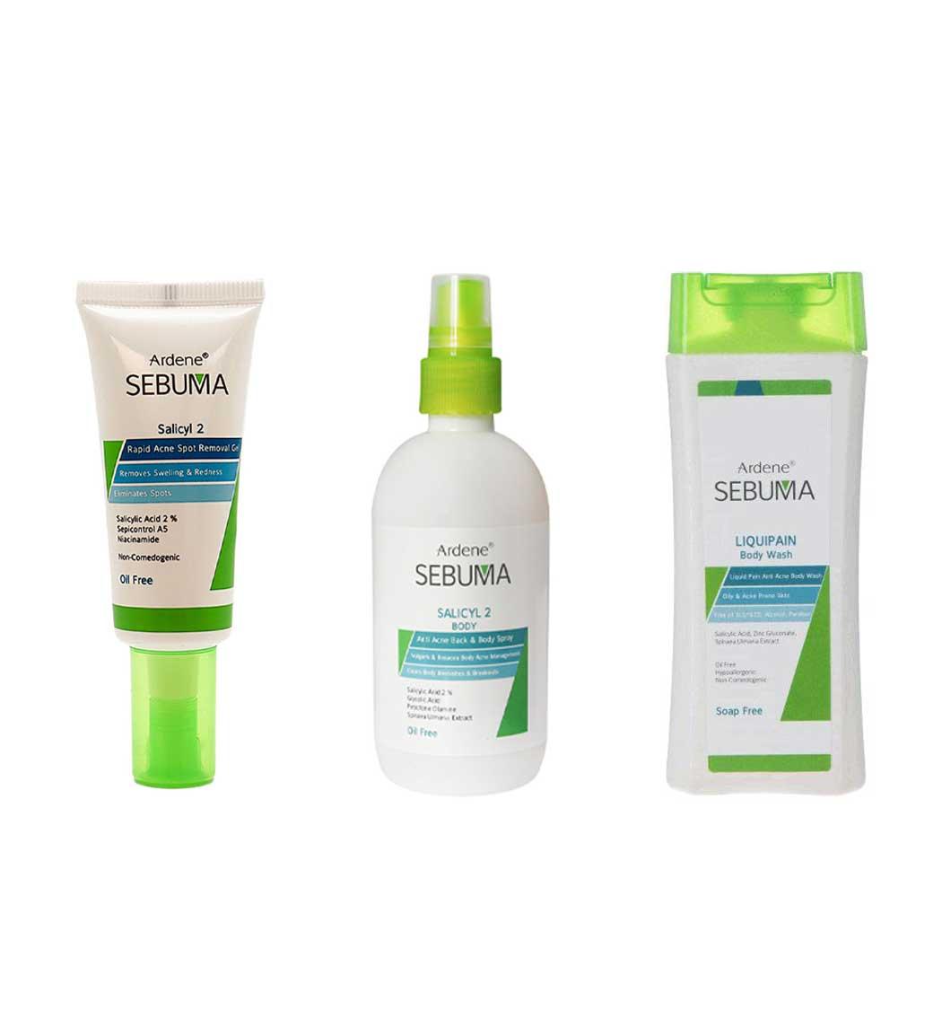 پک مایع شوینده غیر صابونی Liquipain سبوما مناسب پوست بدن چرب و دارای آکنه 250میل به همراه اسپری ضد جوش بدن Salicyl 2 سبوما 250میل و ژل لایه بردار و بر طرف کننده جای جوش Salicyl 2 سبوما حاوی اسید سالسیلیک 2درصد 20میل