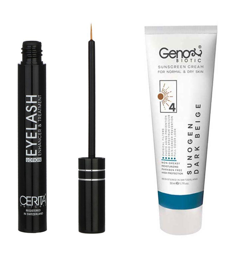 پک محلول تقویت کننده مژه سریتا و ضد آفتاب رنگی مناسب پوست خشک SPF50 رنگ بژ تیره — تصویر ۱