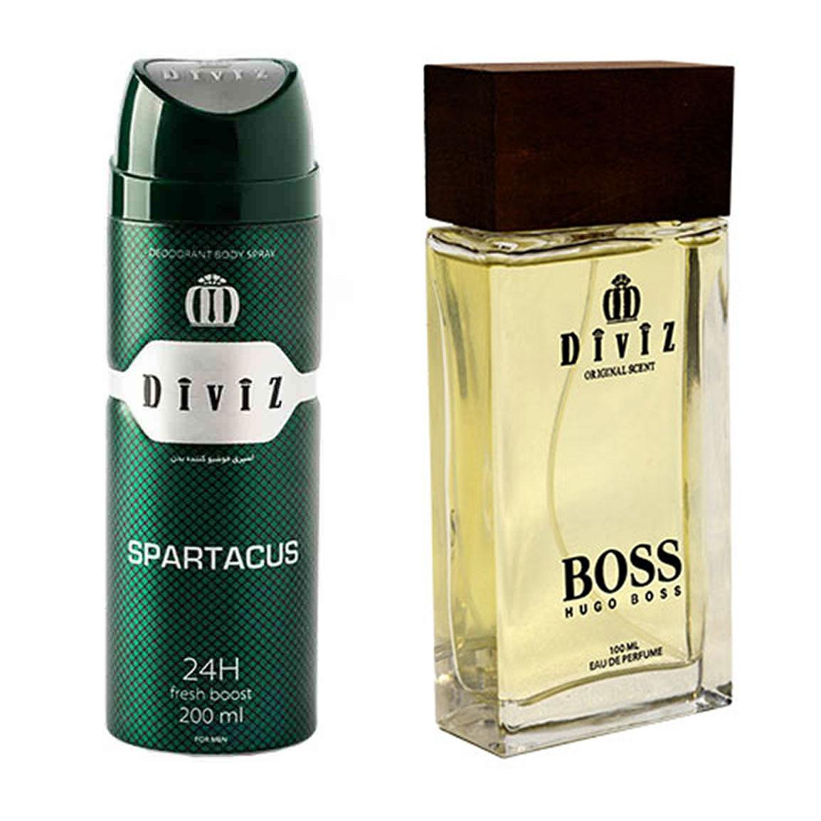 پک هدیه روز مرد 2 عددی شامل اسپری بدن مدل Spartacus و ادوپرفیوم مدل Hugo Boss