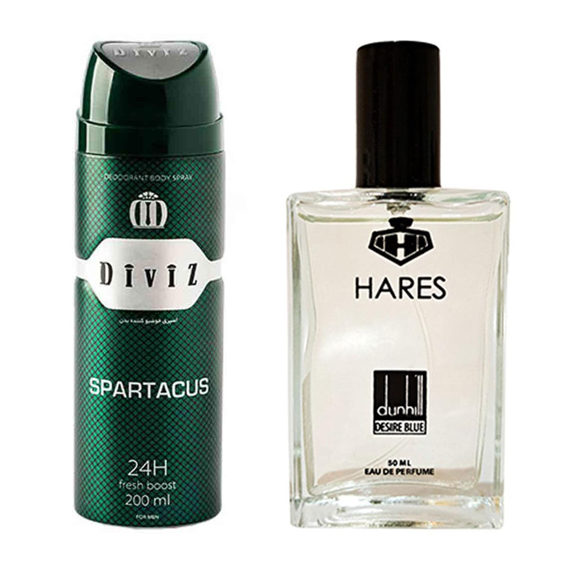 پک هدیه روز مرد 2 عددی شامل اسپری بدن مدل Spartacus و ادوپرفیوم مدل Dunhill Desire Blue