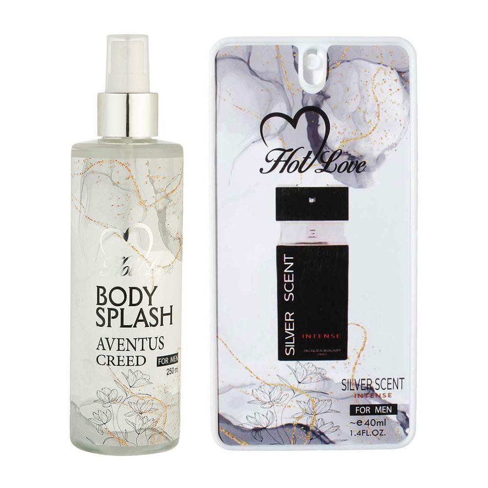 پک هدیه روز مرد 2 عددی شامل بادی اسپلش مدل Creed Aventus و عطر جیبی مدل Bogart Silver Scent هات لاو — تصویر ۱