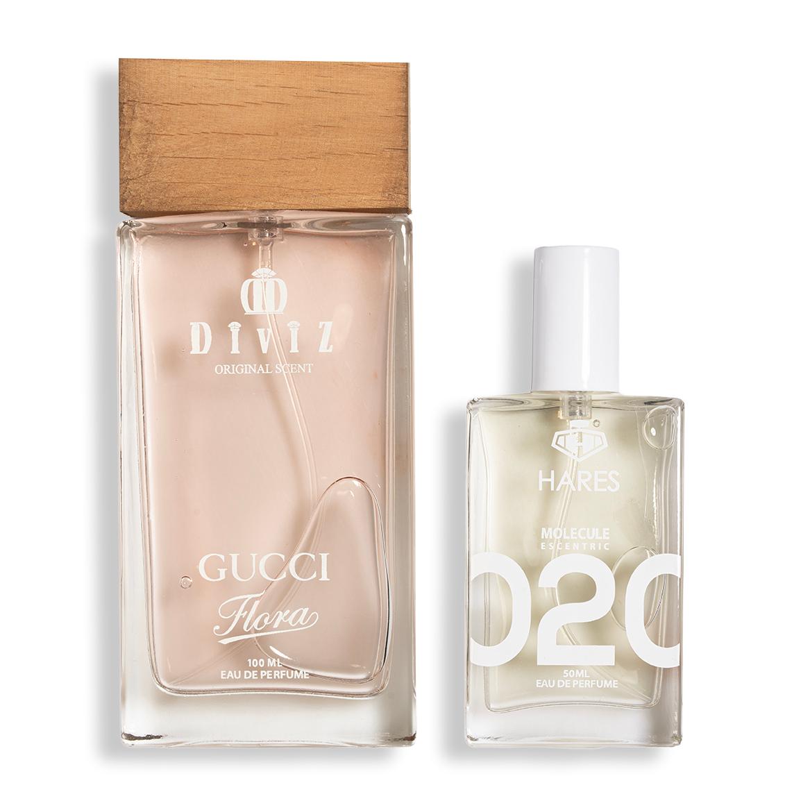 پک 2 عددی ادوپرفیوم مدل Molecule حجم 50 میلی لیتر و ادوپرفیوم زنانه مدل Gucci Flora حجم 100 میلی لیتر