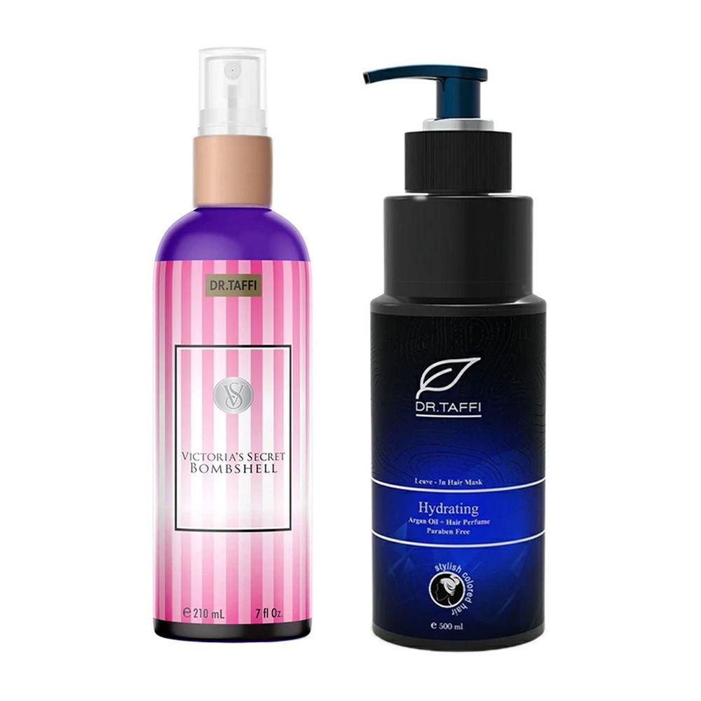 پک 2 عددی بادی اسپلش زنانه مدل Victorias Secret Bomb Shell حجم 210 میلی لیتر و  ماسک مو ترمیم کننده مدل Hydrating مناسب مو فر و آسیب دیده حجم 500 میلی لیتر