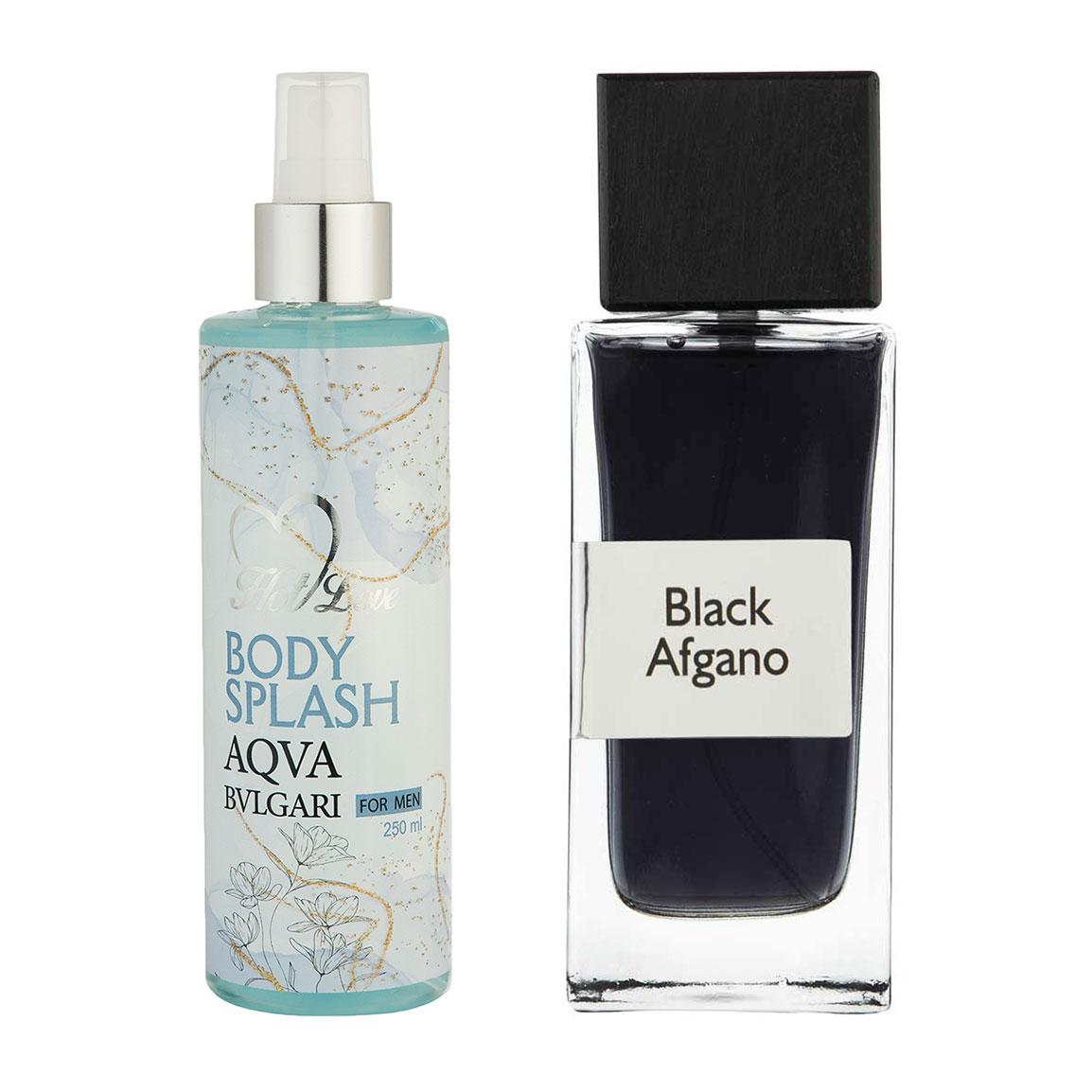 پک هدیه روز مرد 2 عددی شامل بادی اسپلش مدل Aqva Bvlgari و ادوپرفیوم مدل Black Afgano