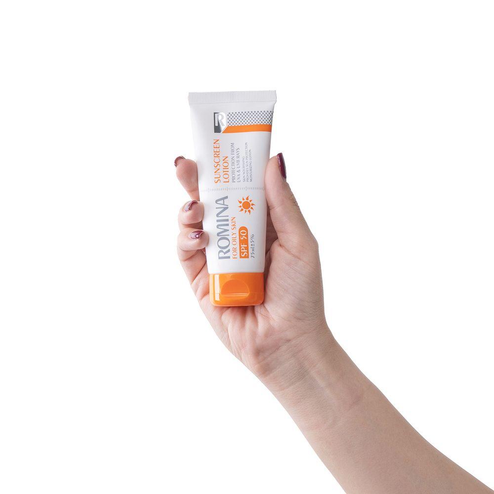 لوسیون ضد آفتاب spf 50 بی رنگ 75میل رومینا — تصویر ۵