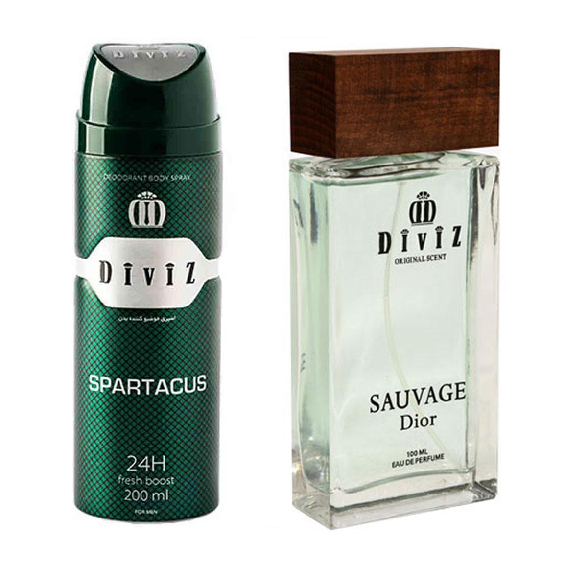 پک هدیه روز مرد 2 عددی شامل اسپری بدن مدل Spartacus و ادوپرفیوم مدل Dior Sauvage