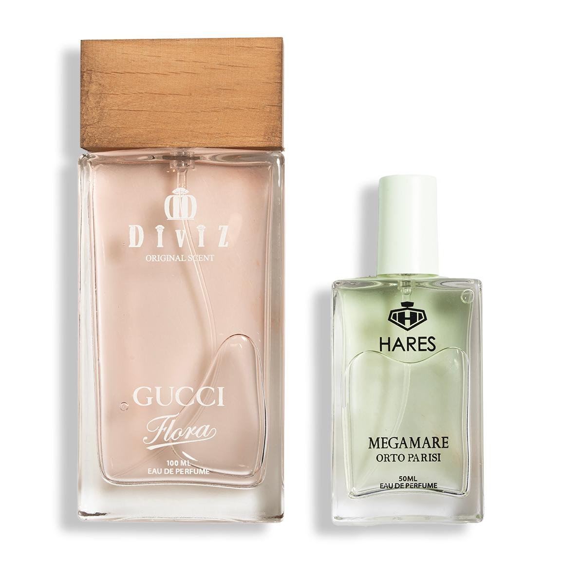 پک 2 عددی ادوپرفیوم مدل Gucci Flora حجم 100 میلی لیتر و ادوپرفیوم مدل Megamare حجم 50 میلی لیتر
