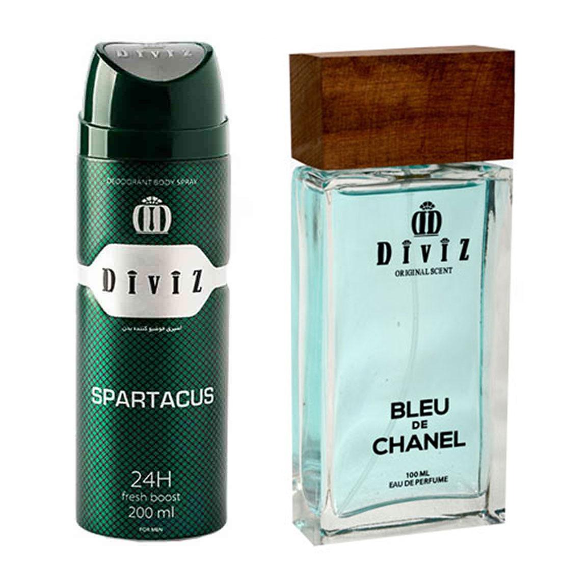 پک هدیه روز مرد 2 عددی شامل اسپری بدن مدل Spartacus و ادوپرفیوم مدل Blue De Chanel
